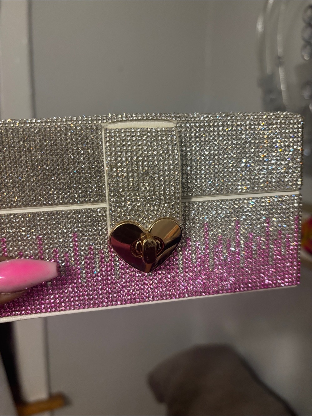 Crystal Ombre Pink and Silver Heart Clasp Evening Clutch